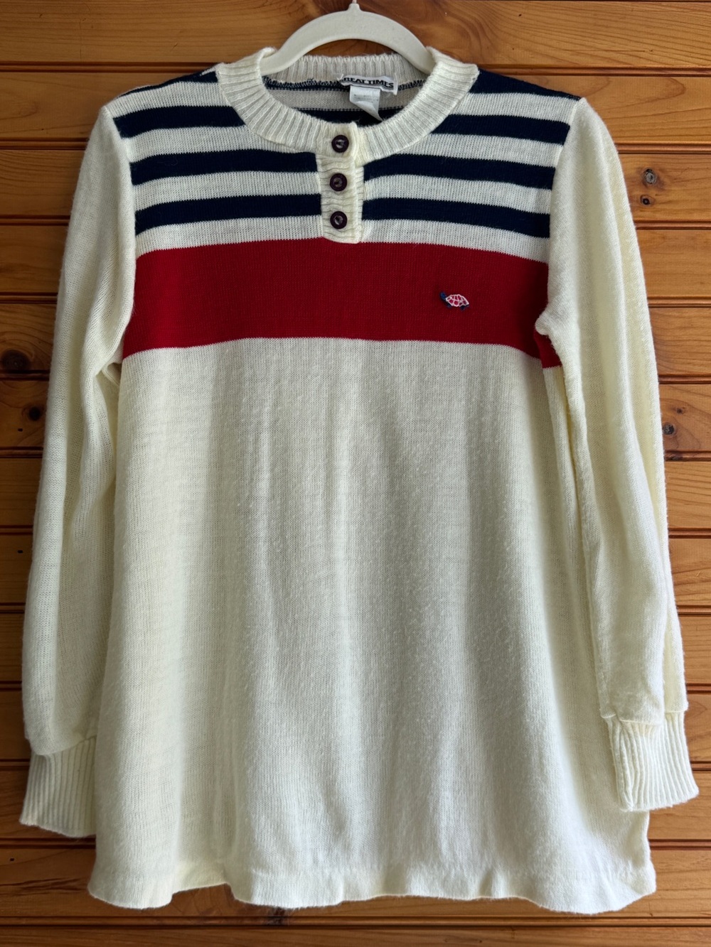 Vintage Striped Henley Sweater Turtle Embroidered Nautical Retro M